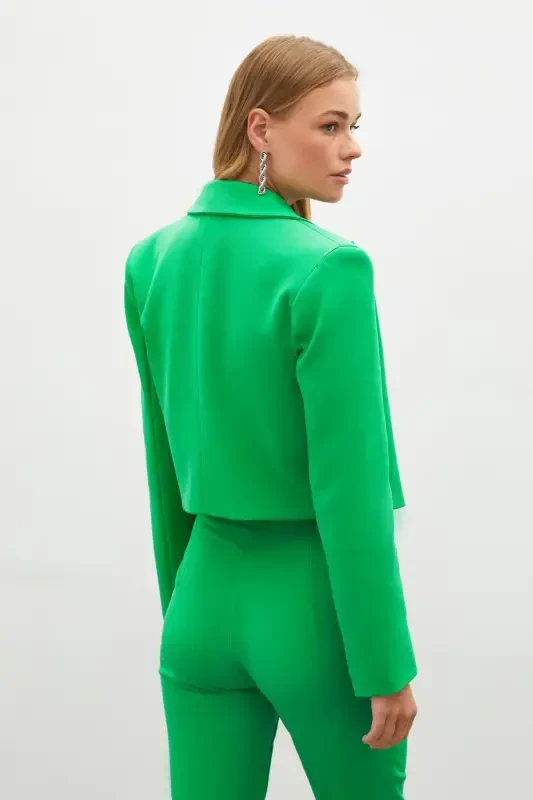 Green Shawl Collar Short Jacket - 8