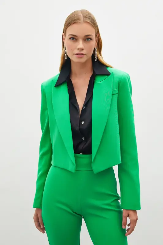 Green Shawl Collar Short Jacket - 3