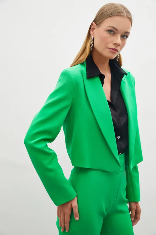 Green Shawl Collar Short Jacket - 4