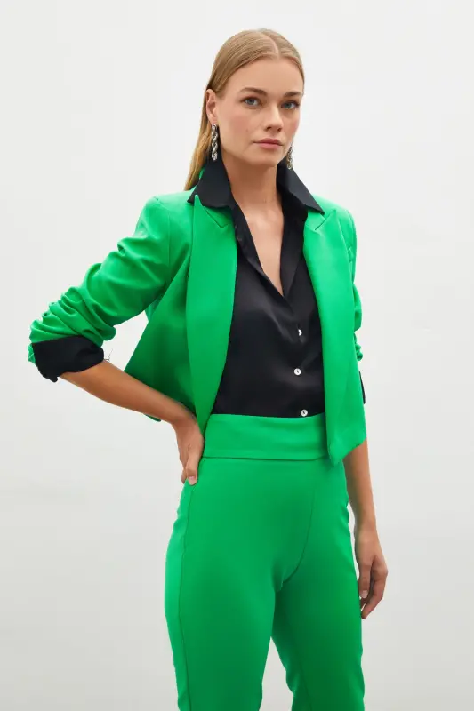 Green Shawl Collar Short Jacket - 6