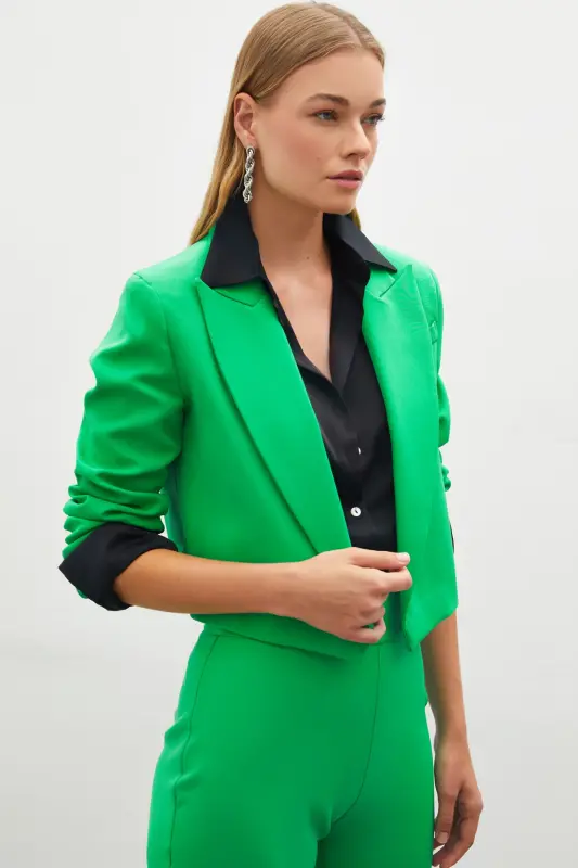 Green Shawl Collar Short Jacket - 7