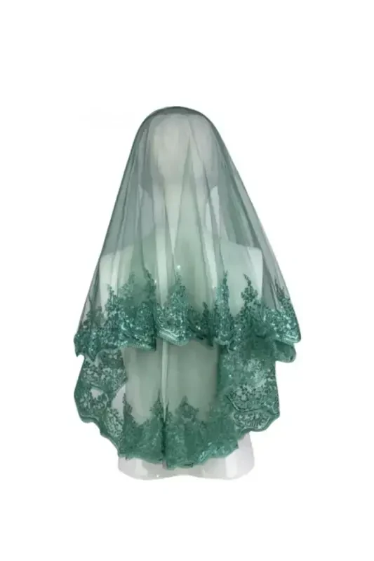 Green Shimmering Lace Bridal Veil Set Wedding Henna Night Face Cover Veil Sash Gloves-Green - ZEYMERADE