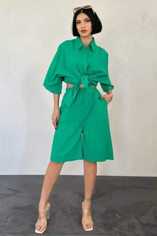 Green Short Sleeve Linen Shirt and Shorts Set - BÜYÜKBEDENIZ