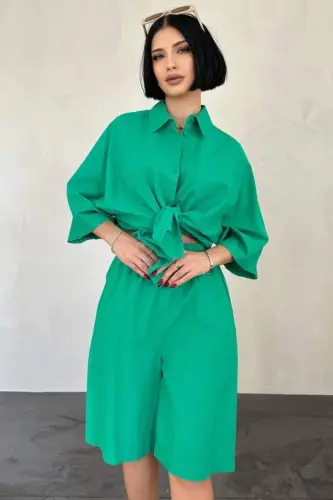 Green Short Sleeve Linen Shirt and Shorts Set - 2