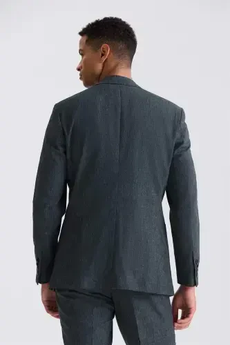 Green Slim Fit Mono Collar Linen Suit - 4