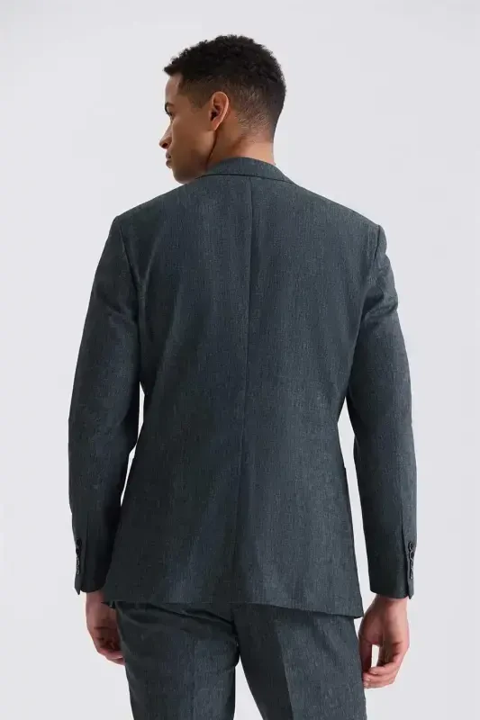 Green Slim Fit Mono Collar Linen Suit - 4