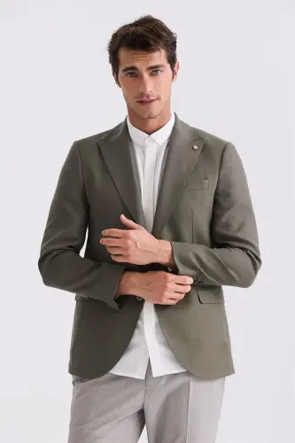 Green Slim Fit Peak Lapel Linen Blazer 