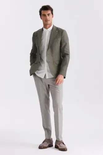 Green Slim Fit Peak Lapel Linen Blazer - 2