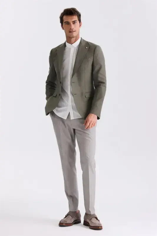 Green Slim Fit Peak Lapel Linen Blazer - 2