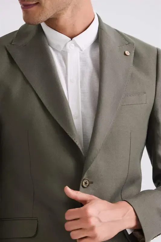 Green Slim Fit Peak Lapel Linen Blazer - 3