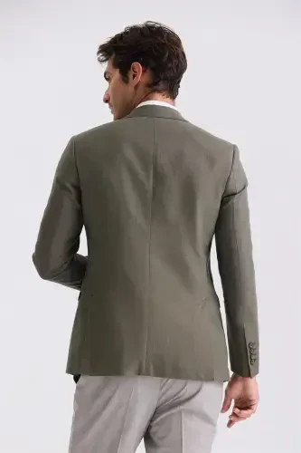 Green Slim Fit Peak Lapel Linen Blazer - 4
