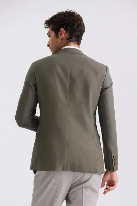 Green Slim Fit Peak Lapel Linen Blazer - 4