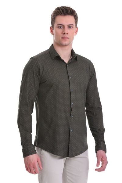 Green Slim Fit Printed 100% Cotton Slim Collar Long Sleeve - HATEMOĞLU