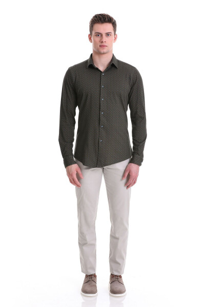 Green Slim Fit Printed 100% Cotton Slim Collar Long Sleeve - HATEMOĞLU (1)