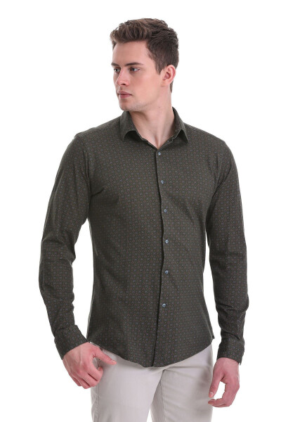 Green Slim Fit Printed 100% Cotton Slim Collar Long Sleeve - 4
