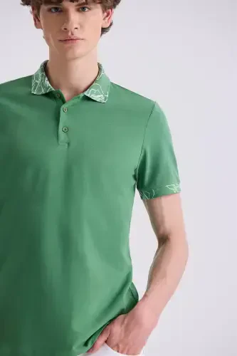 Green Slim Fit Printed Polo Neck T-Shirt - 3