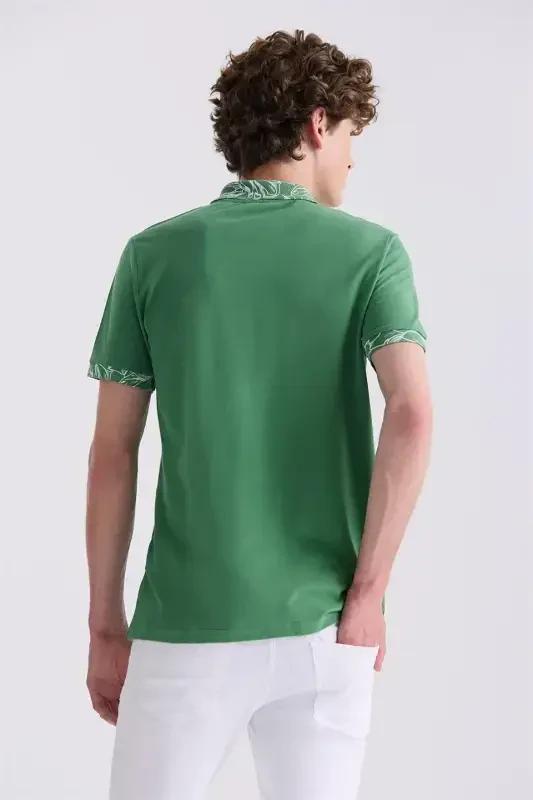 Green Slim Fit Printed Polo Neck T-Shirt - 4