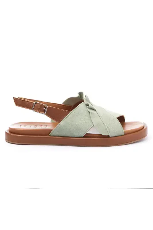 Green Sole Brown Soft Genuine Leather Ankle Strap Genuine Suede Women's Summer Sandal-Green - 4