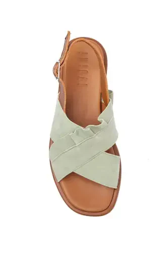 Green Sole Brown Soft Genuine Leather Ankle Strap Genuine Suede Women's Summer Sandal-Green - 5