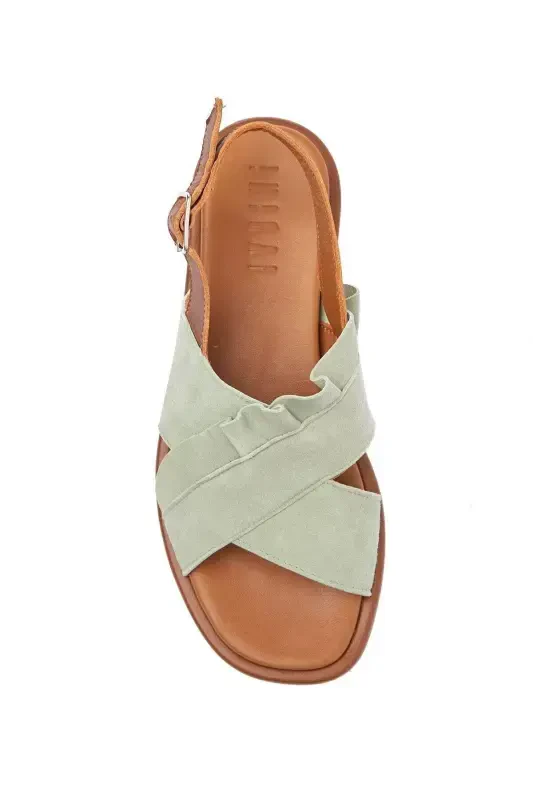 Green Sole Brown Soft Genuine Leather Ankle Strap Genuine Suede Women's Summer Sandal-Green - 5