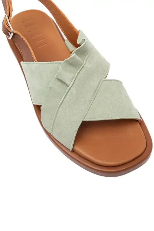 Green Sole Brown Soft Genuine Leather Ankle Strap Genuine Suede Women's Summer Sandal-Green - 6