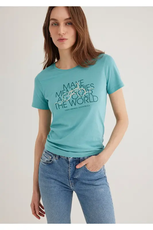Green T-Shirt with Bicycle Print Slim Fit 1613190-71823 - Green-71823 - 1