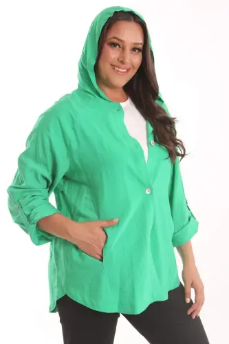 Green Trench Coat with Plus Size Hood and Button Detail - 1