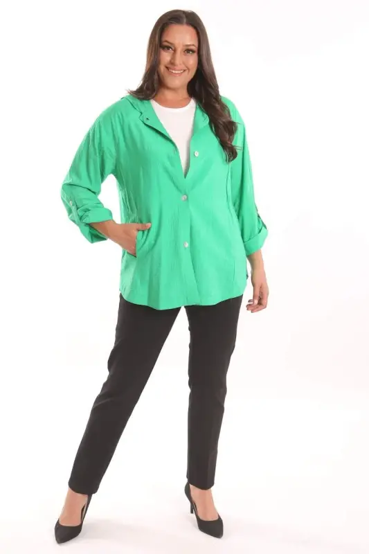 Green Trench Coat with Plus Size Hood and Button Detail - 3