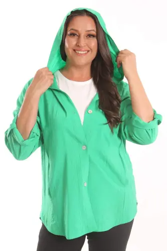 Green Trench Coat with Plus Size Hood and Button Detail - 4
