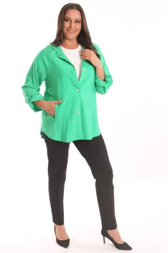 Green Trench Coat with Plus Size Hood and Button Detail - 5