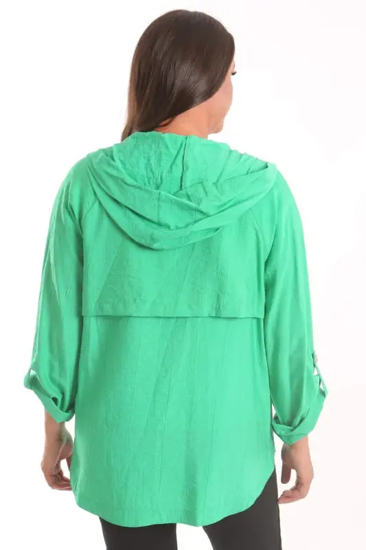 Green Trench Coat with Plus Size Hood and Button Detail - 6
