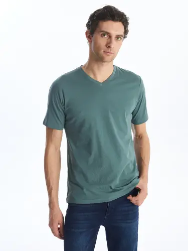 Green V-Neck Short Sleeve Men's T-Shirt-Green - 1