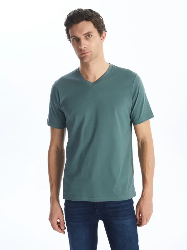 Green V-Neck Short Sleeve Men's T-Shirt-Green - 2
