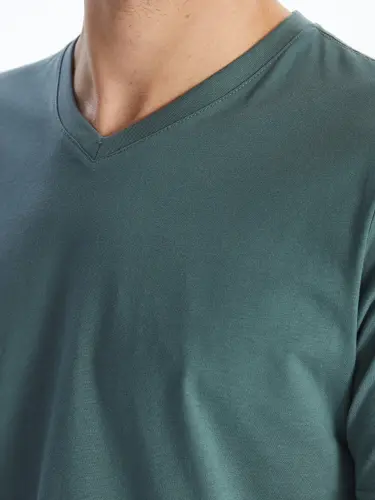 Green V-Neck Short Sleeve Men's T-Shirt-Green - 4