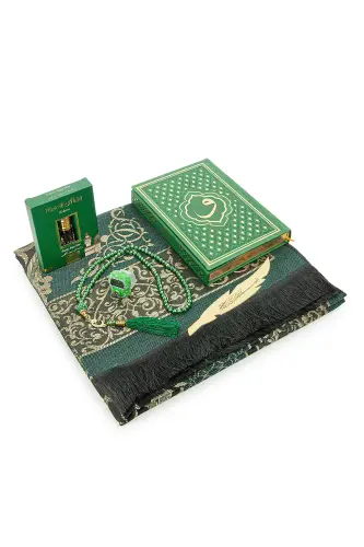 Green Vav Patterned Thermo Leather Arabic Quran and Prayer Rug Set - Green - 3