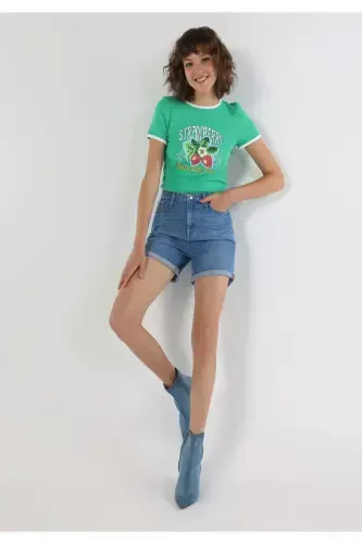 Green women's short sleeve t-shirt, slim fit, crew neck and printed. - 5