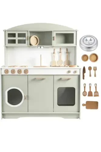 Green Wooden Toy Kitchen Set with LED 9 Piece Service Set - Green - 1