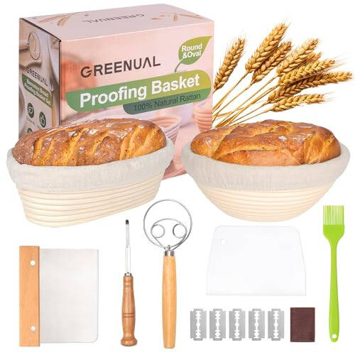 Greenual Banneton Ekmek Mayalamak Sepeti Seti 2'li, Ekşi Mayalı Ekmek Pişirme Malzemeleri ile, 9” Yuvarlak & 10” Oval, Ekmek Bıçağı + Keten Astar + Hamur Kazıyıcı + Yağlama Fırçası Evde İdeal Ekmek Yapma Aracı - 1