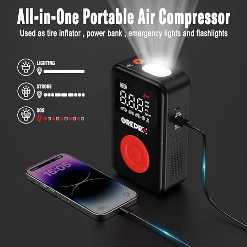 GREPRO Shinani Pompalovchi Portativ Havo Kompressori, 160 PSI Portativ Havo Nasosi, Raqamli Bosim O'lchagichli 3X tezroq Havo Nasosi, LED Chiroq va Avtomobil, Moto, Velosiped va Boshqa Nafayotuvchilar uchun Ko'p moslashuvchan adapterlar - GREPRO (1)