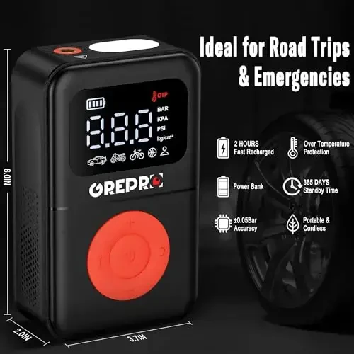GREPRO Shinani Pompalovchi Portativ Havo Kompressori, 160 PSI Portativ Havo Nasosi, Raqamli Bosim O'lchagichli 3X tezroq Havo Nasosi, LED Chiroq va Avtomobil, Moto, Velosiped va Boshqa Nafayotuvchilar uchun Ko'p moslashuvchan adapterlar - 3