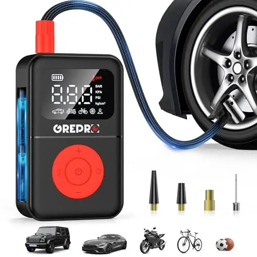 GREPRO Tire Inflator Portable Air Compressor, 160 PSI Portable Air Pump, 3X Faster Air Pump with Digital Pressure Gauge, LED Light, and Multiple Adapters for Car, Moto, Bike, and Other Inflatables - 1