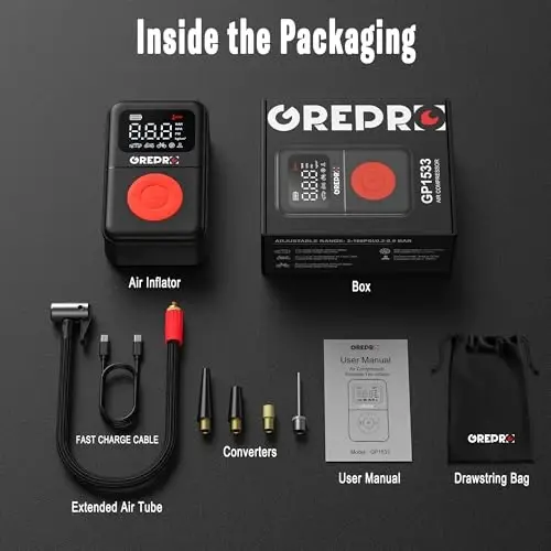 GREPRO Tire Inflator Portable Air Compressor, 160 PSI Portable Air Pump, 3X Faster Air Pump with Digital Pressure Gauge, LED Light, and Multiple Adapters for Car, Moto, Bike, and Other Inflatables - 4