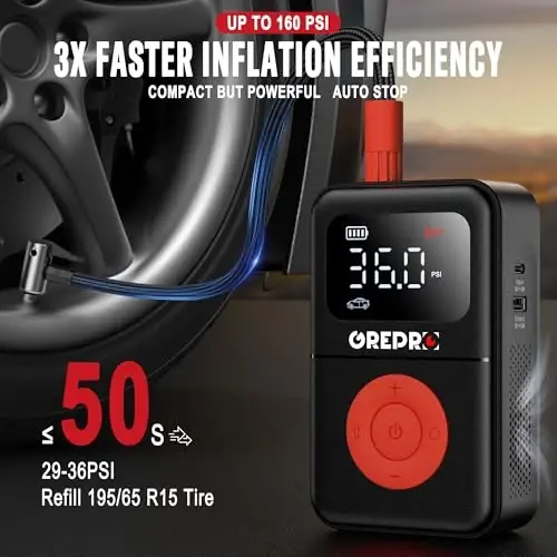 GREPRO Tire Inflator Portable Air Compressor, 160 PSI Portable Air Pump, 3X Faster Air Pump with Digital Pressure Gauge, LED Light, and Multiple Adapters for Car, Moto, Bike, and Other Inflatables - 5