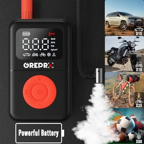 GREPRO Tire Inflator Portable Air Compressor, 160 PSI Portable Air Pump, 3X Faster Air Pump with Digital Pressure Gauge, LED Light, and Multiple Adapters for Car, Moto, Bike, and Other Inflatables - 6