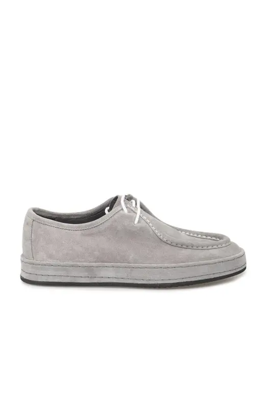 Grey 100% Leather Lace-Up Casual Suede Shoes - 1