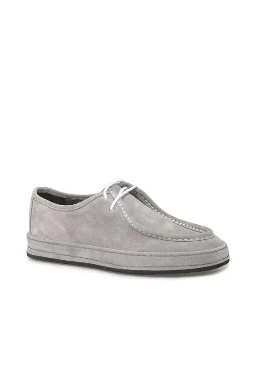 Grey 100% Leather Lace-Up Casual Suede Shoes - 2