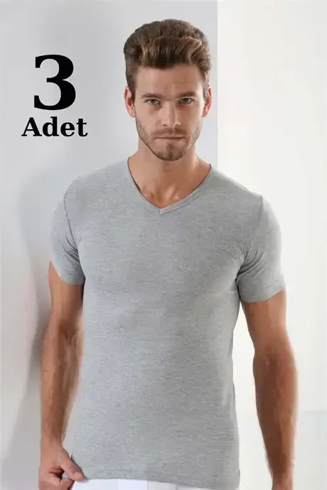 Grey 3 Pack Men's V Neck T-Shirt Short Sleeve 100% Cotton - 1