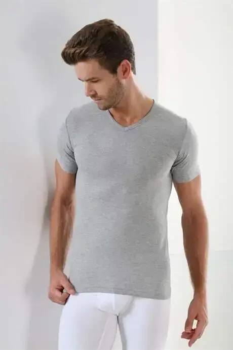 Grey 3 Pack Men's V Neck T-Shirt Short Sleeve 100% Cotton - 4