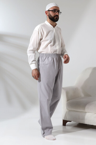 Grey 3 Pocket Elastic Waist Comfortable Cut Hajj and Umrah Men's Linen Shalwar Pants - 6