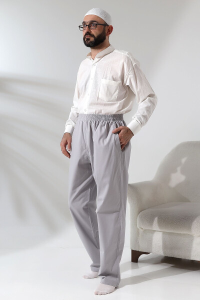 Grey 3 Pocket Elastic Waist Comfortable Cut Hajj and Umrah Men's Linen Shalwar Pants - 7